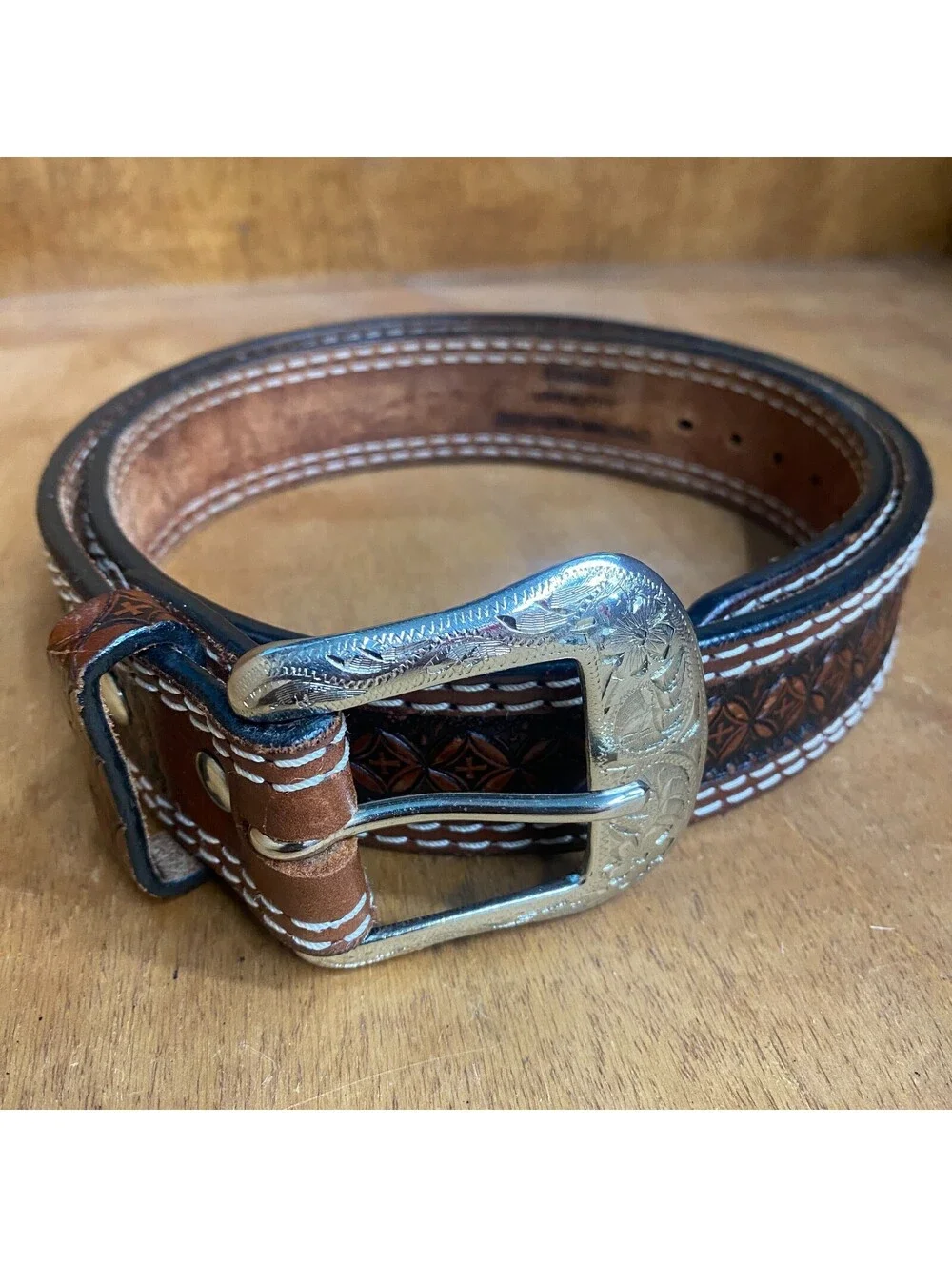 Ranger Belt Co Western Tooled Brown Leather 36 Silver Engraved Buckle Floral